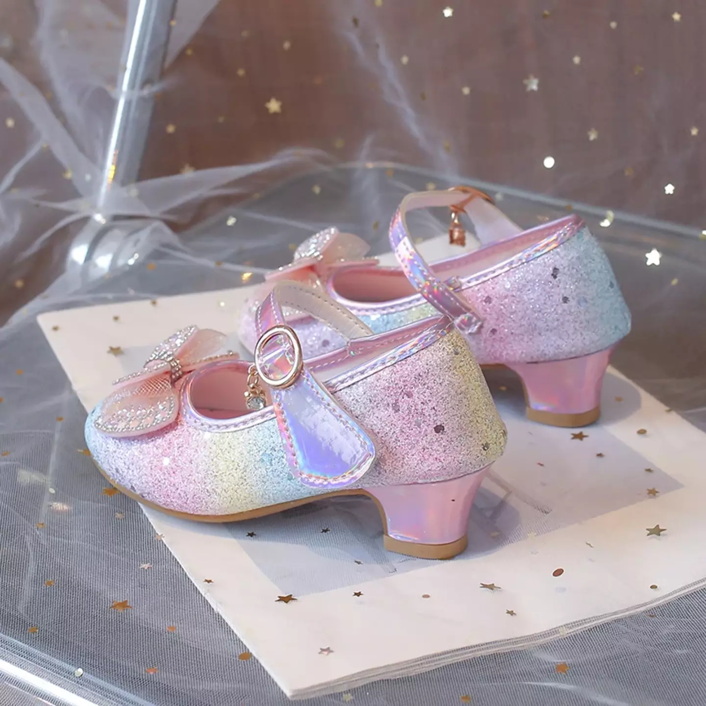 Young Girls & Girls Rainbow Glitter Bow Strap Dress Shoes | Lucys 11381