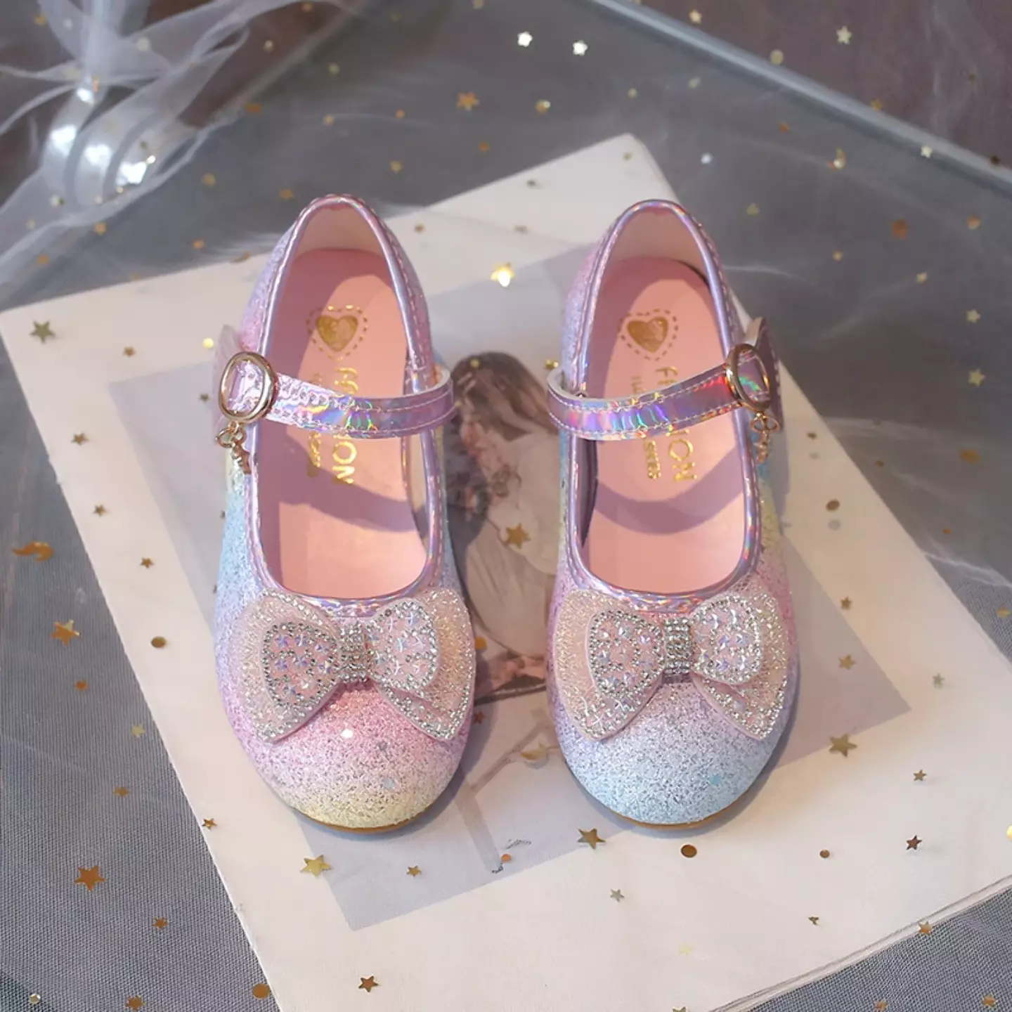Young Girls & Girls Rainbow Glitter Bow Strap Dress Shoes | Lucys 11381