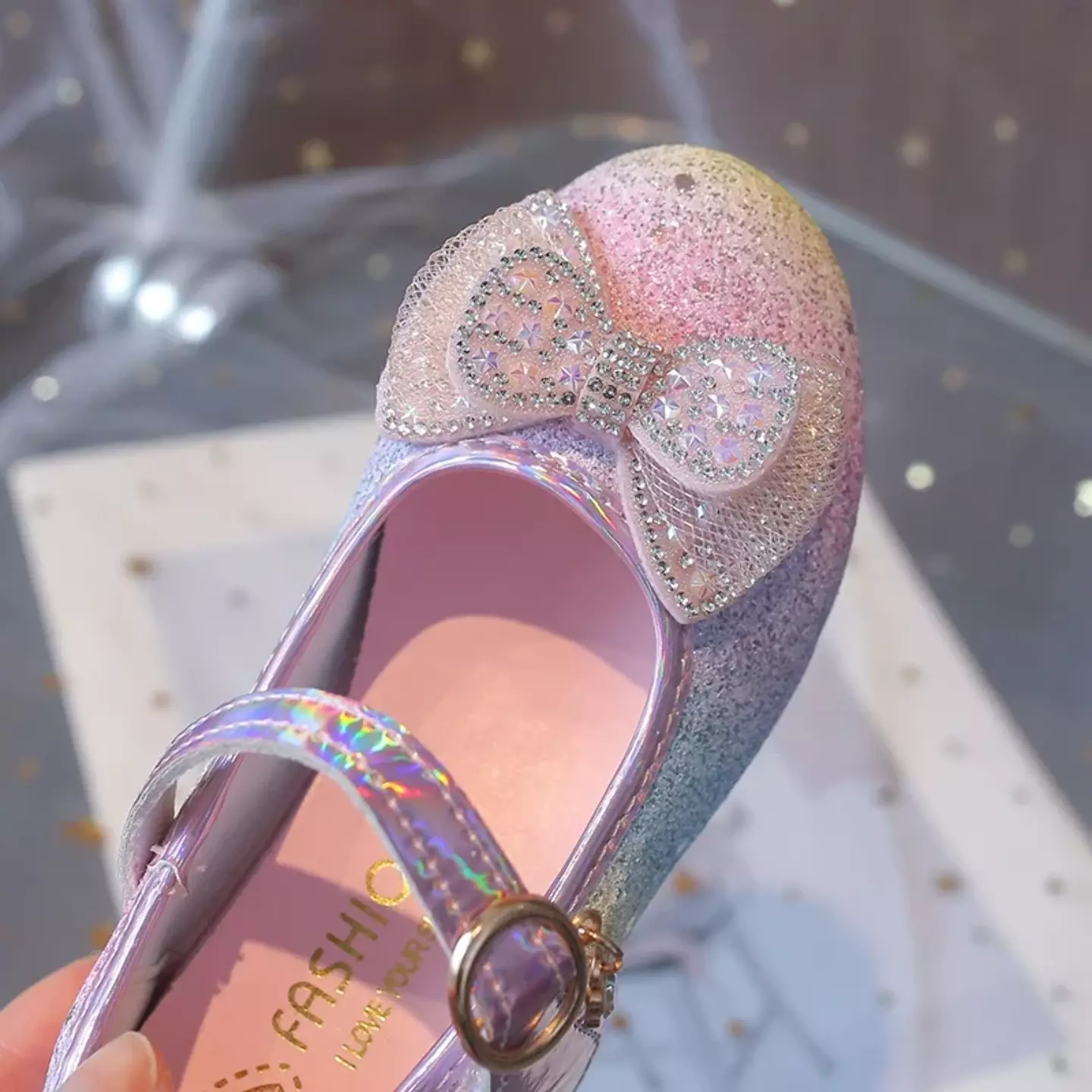 Young Girls & Girls Rainbow Glitter Bow Strap Dress Shoes | Lucys 11381
