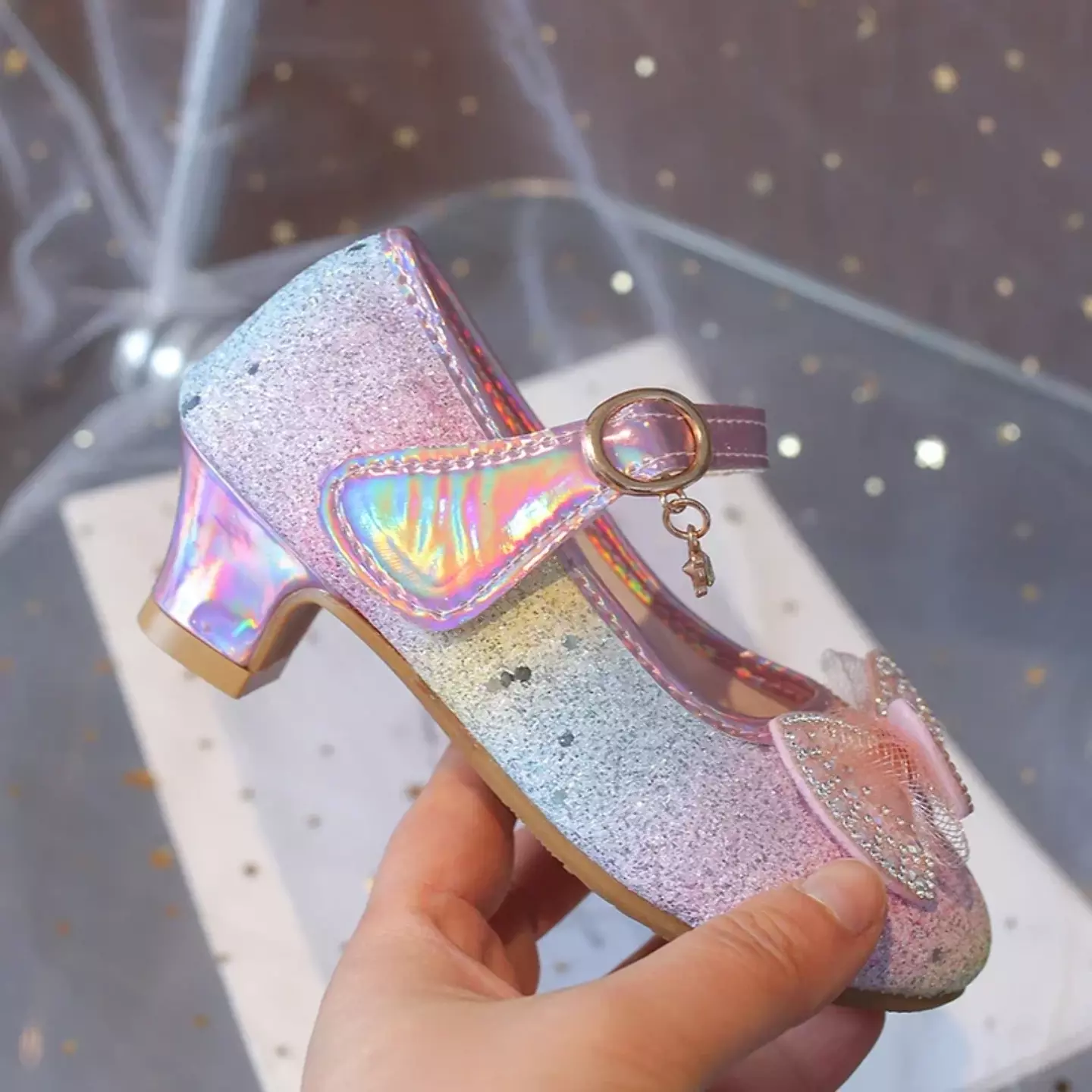 Young Girls & Girls Rainbow Glitter Bow Strap Dress Shoes | Lucys 11381