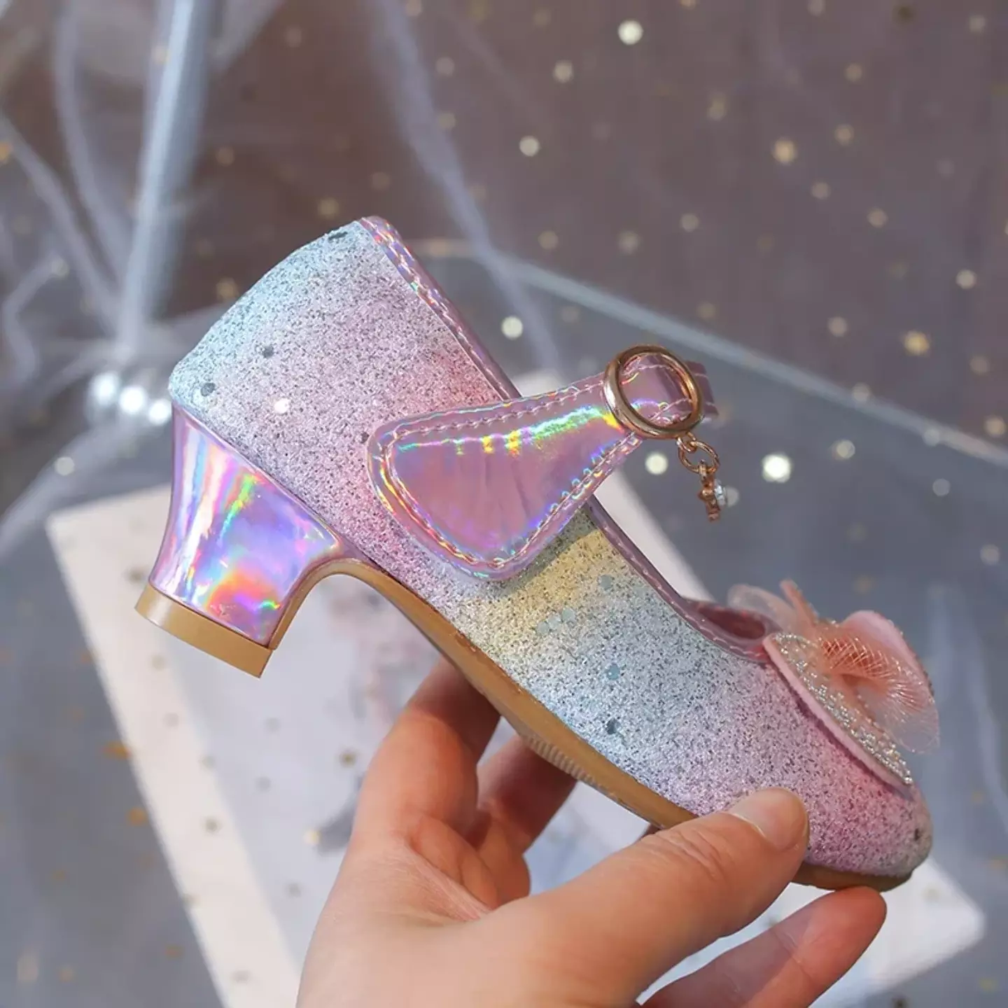 Young Girls & Girls Rainbow Glitter Bow Strap Dress Shoes | Lucys 11381
