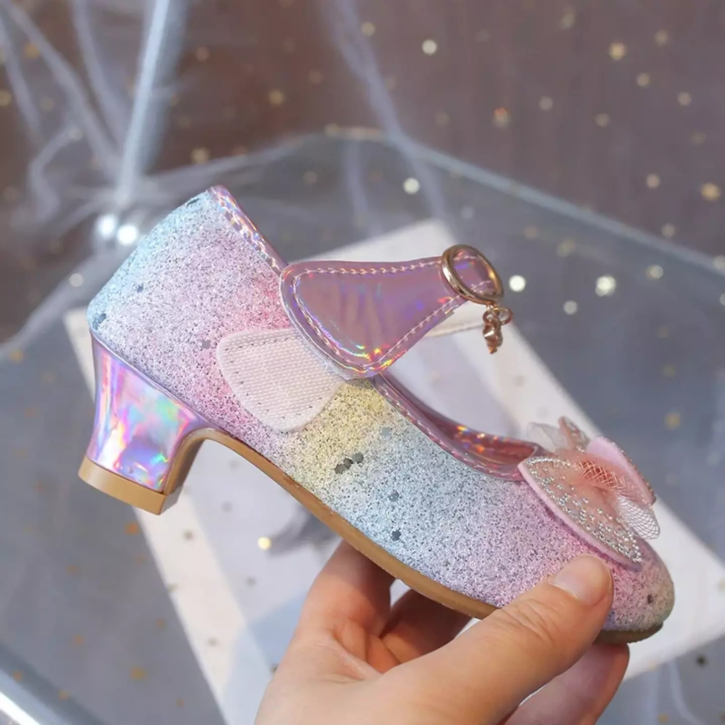 Young Girls & Girls Rainbow Glitter Bow Strap Dress Shoes | Lucys 11381