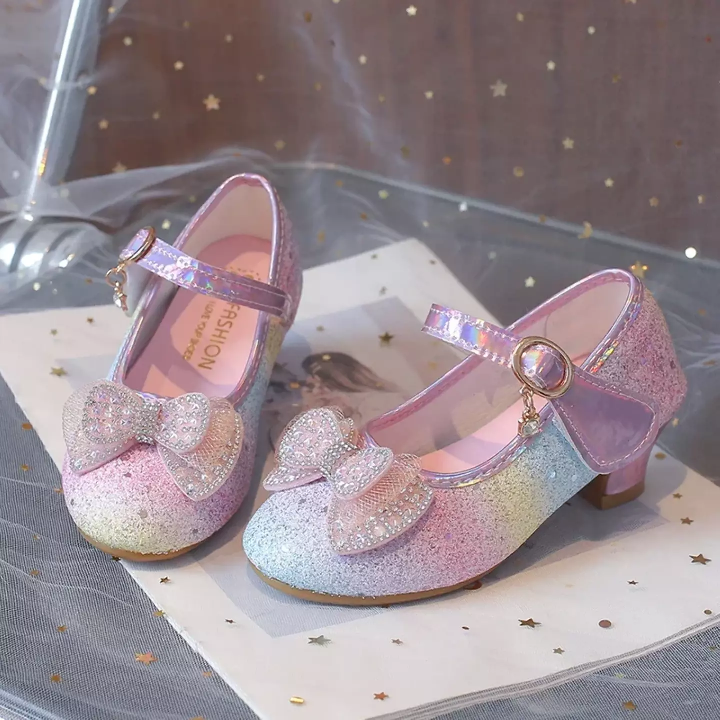 Young Girls & Girls Rainbow Glitter Bow Strap Dress Shoes | Lucys 11381