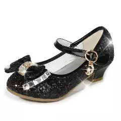 Young Girls & Girls Black Baguette Stone Bow Charm Strap Dress Shoes | Lucys 11350