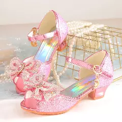 Young Girls & Girls Pink Teardrop Gem Bow Peep Toe Block Heels | Lucys 11391