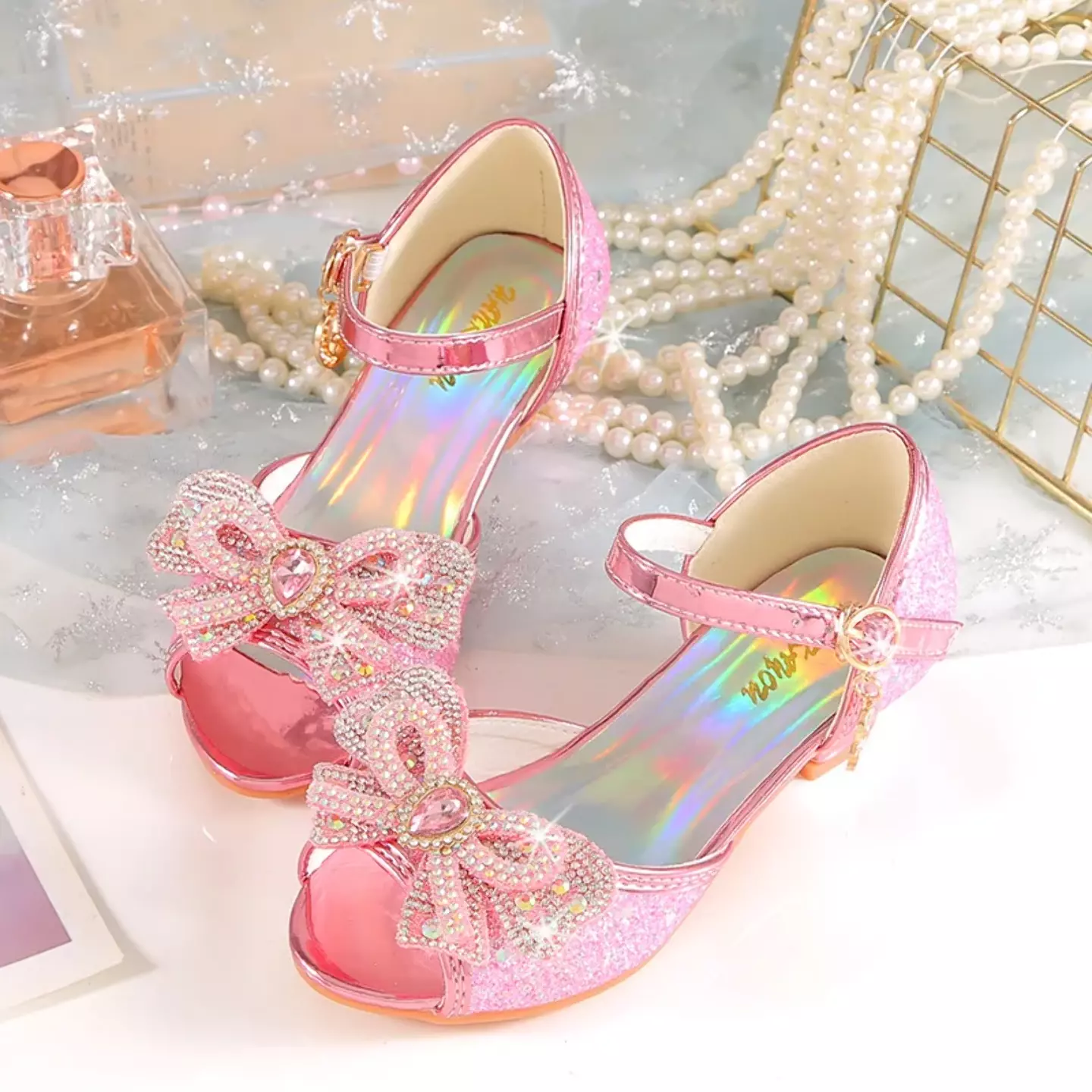 Young Girls & Girls Pink Teardrop Gem Bow Peep Toe Block Heels | Lucys 11391