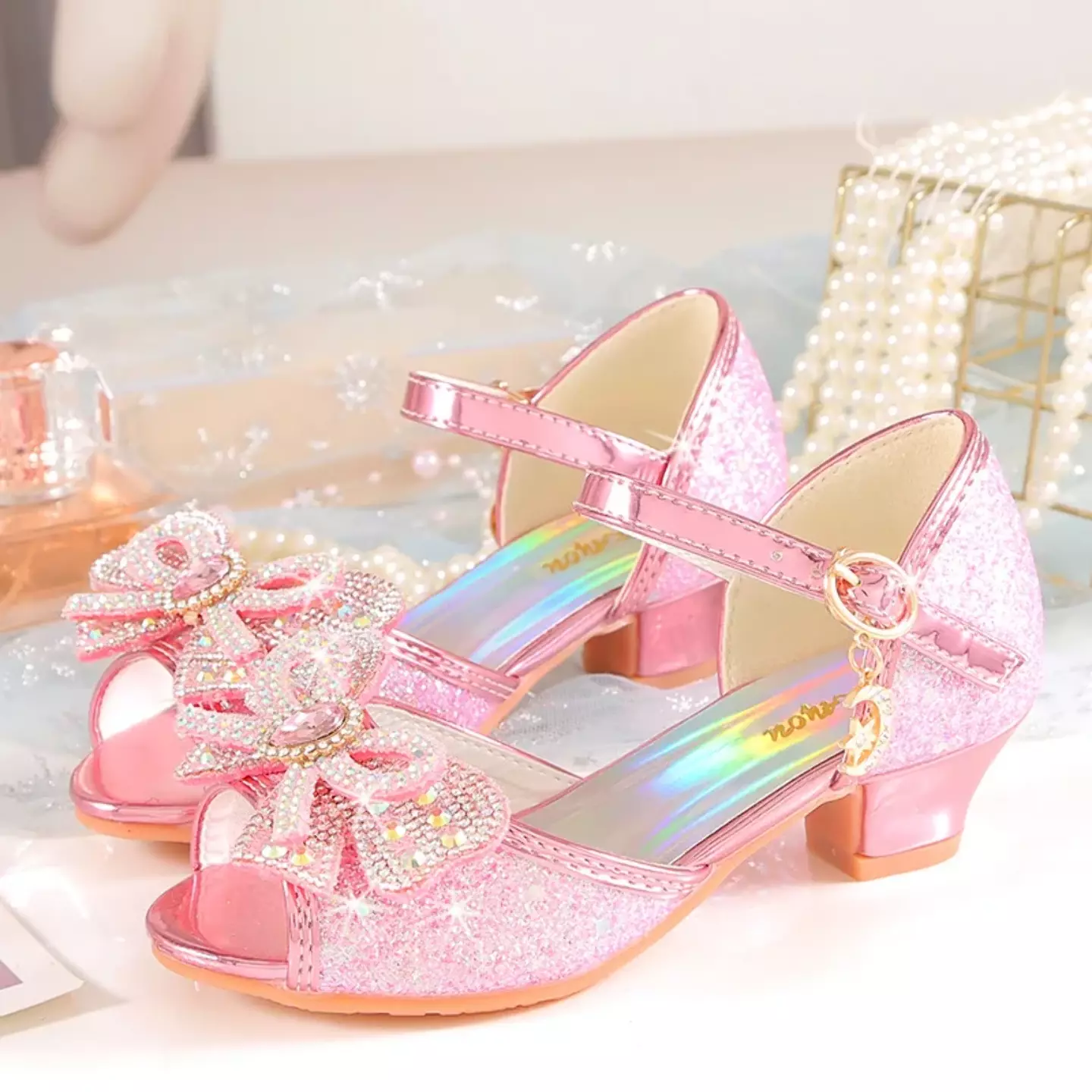 Young Girls & Girls Pink Teardrop Gem Bow Peep Toe Block Heels | Lucys 11391