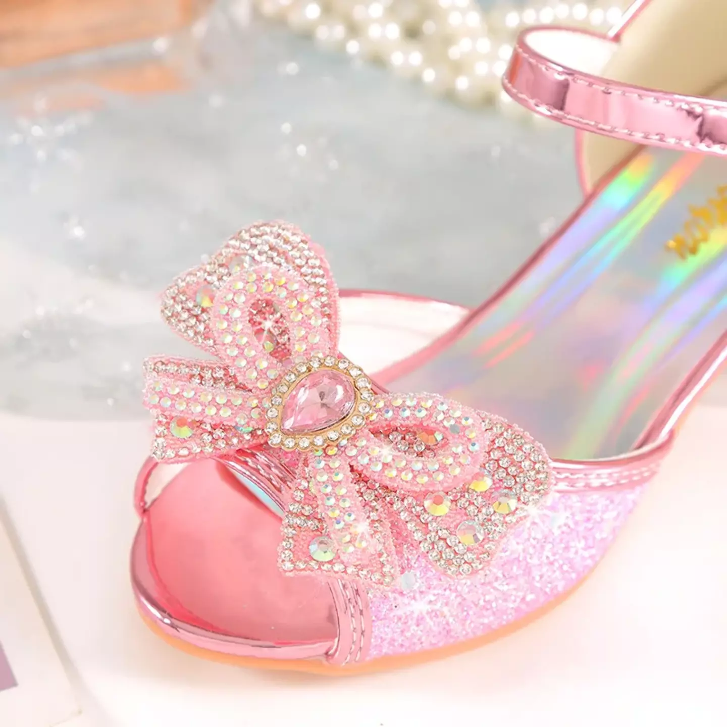 Young Girls & Girls Pink Teardrop Gem Bow Peep Toe Block Heels | Lucys 11391