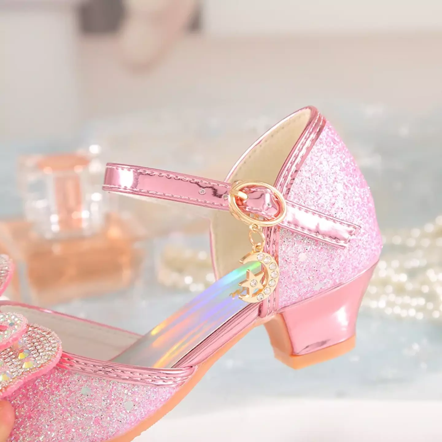 Young Girls & Girls Pink Teardrop Gem Bow Peep Toe Block Heels | Lucys 11391