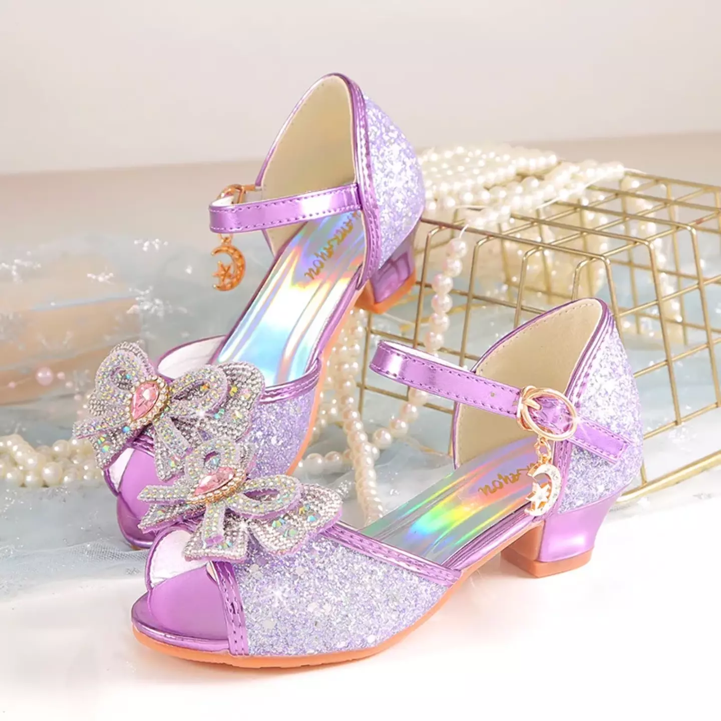 Young Girls & Girls Lavender Teardrop Gem Bow Peep Toe Block Heels | Lucys 11392