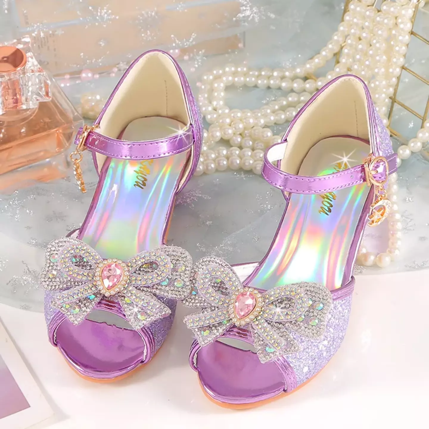 Young Girls & Girls Lavender Teardrop Gem Bow Peep Toe Block Heels | Lucys 11392