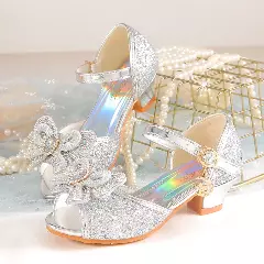 Young Girls & Girls Silver Teardrop Gem Bow Peep Toe Block Heels | Lucys 11393
