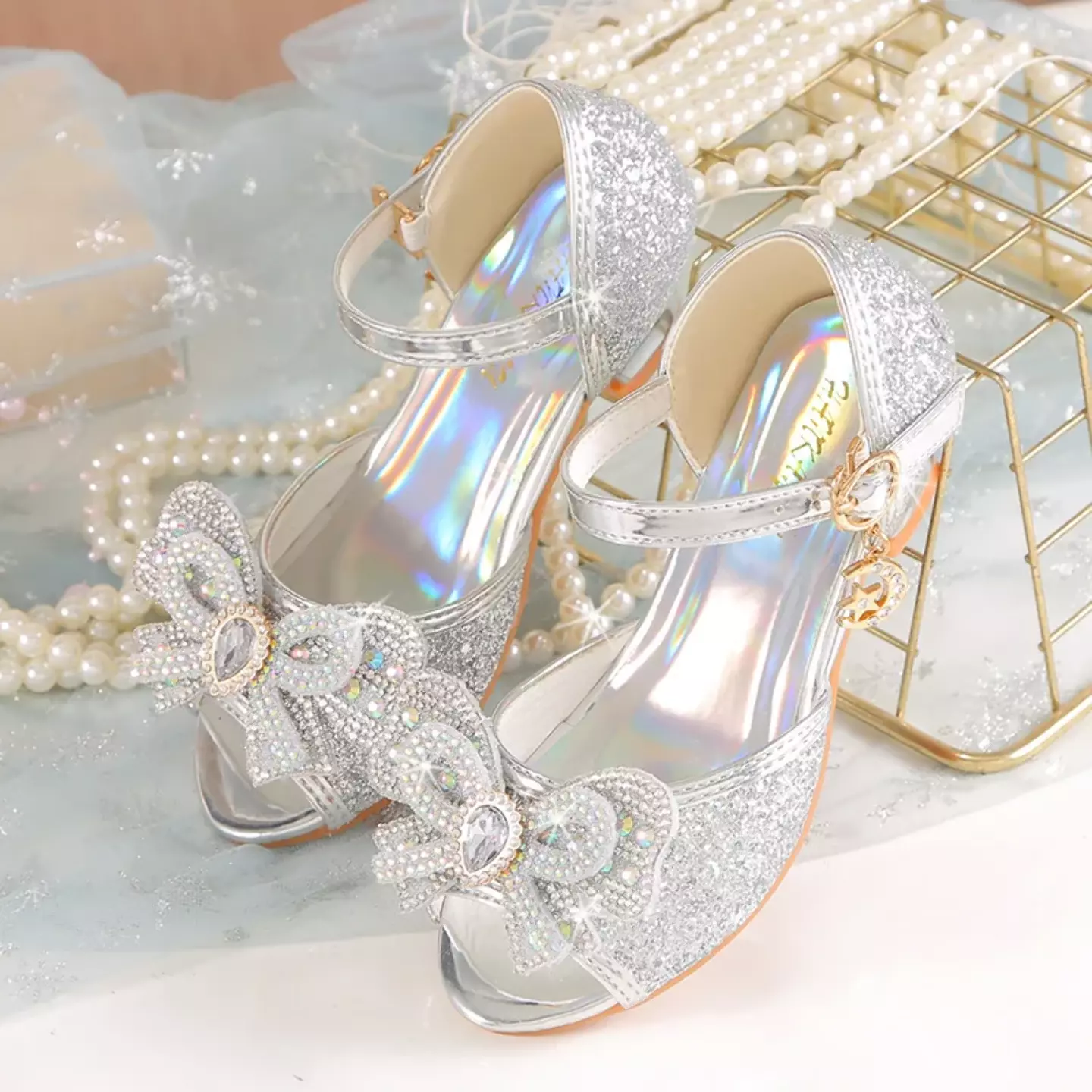 Young Girls & Girls Silver Teardrop Gem Bow Peep Toe Block Heels | Lucys 11393