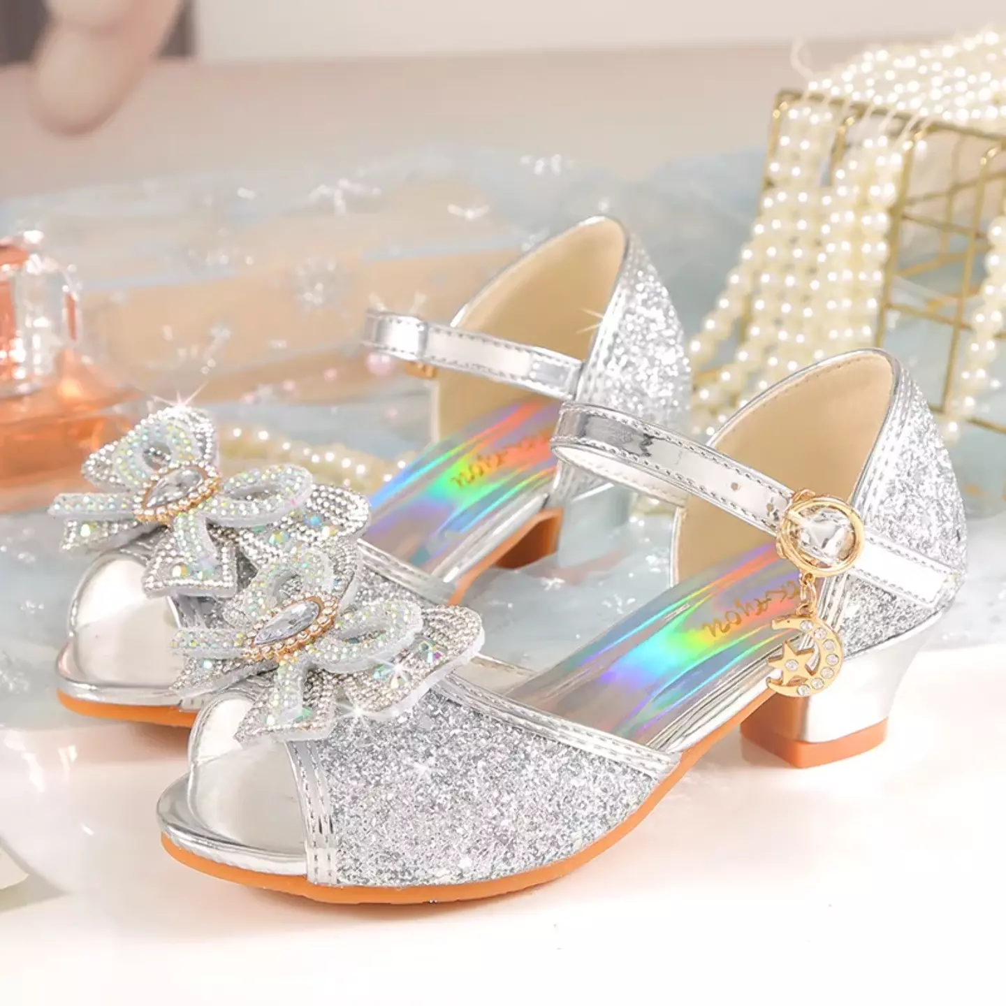 Young Girls & Girls Silver Teardrop Gem Bow Peep Toe Block Heels | Lucys 11393