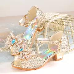 Young Girls & Girls Gold Teardrop Gem Bow Peep Toe Block Heels | Lucys 11394