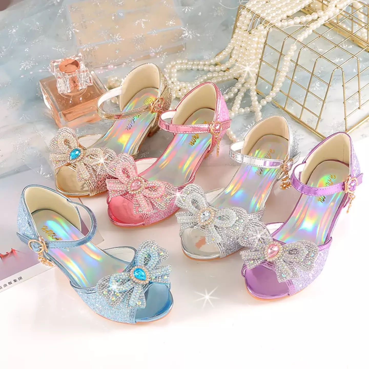 Young Girls & Girls Gold Teardrop Gem Bow Peep Toe Block Heels | Lucys 11394