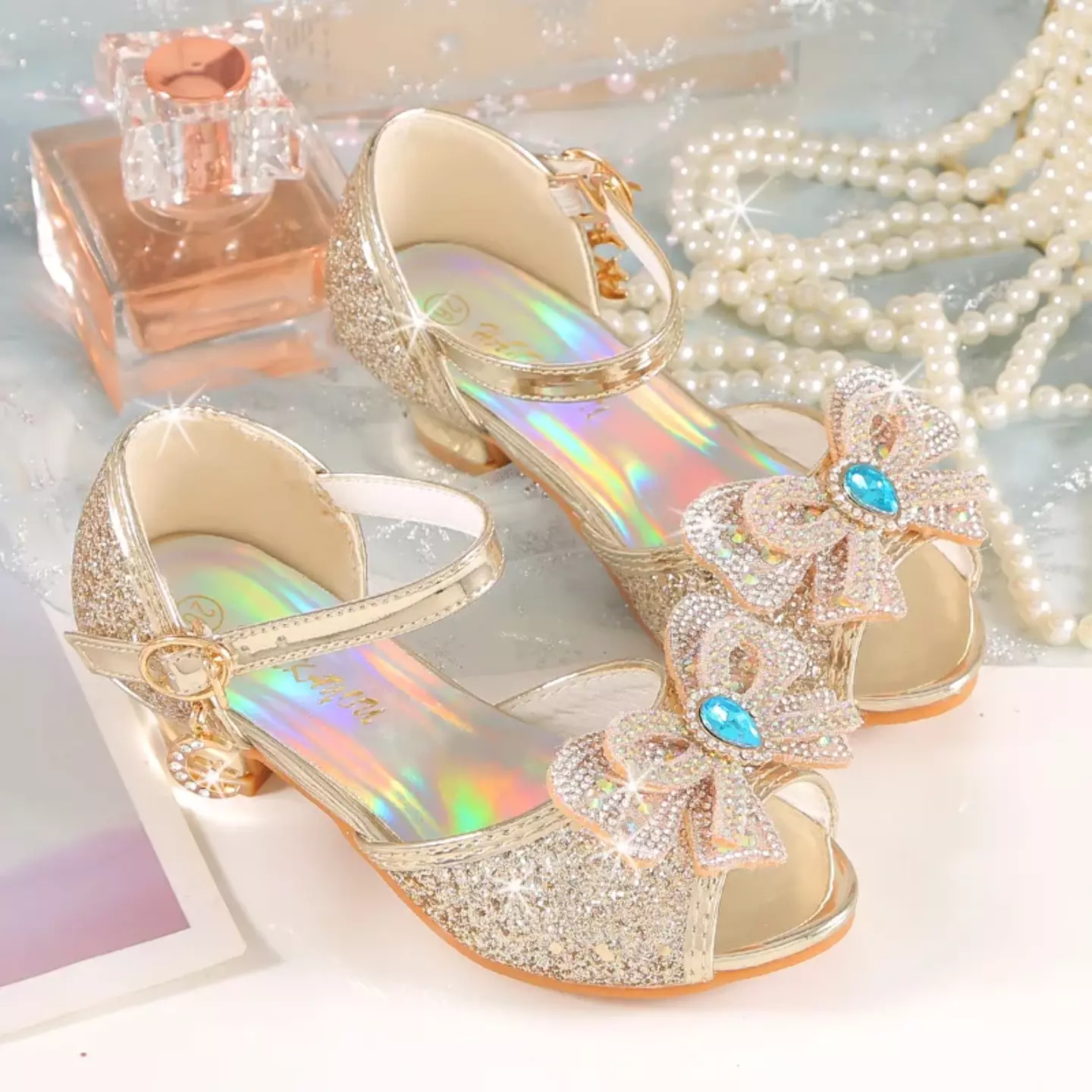 Young Girls & Girls Gold Teardrop Gem Bow Peep Toe Block Heels | Lucys 11394