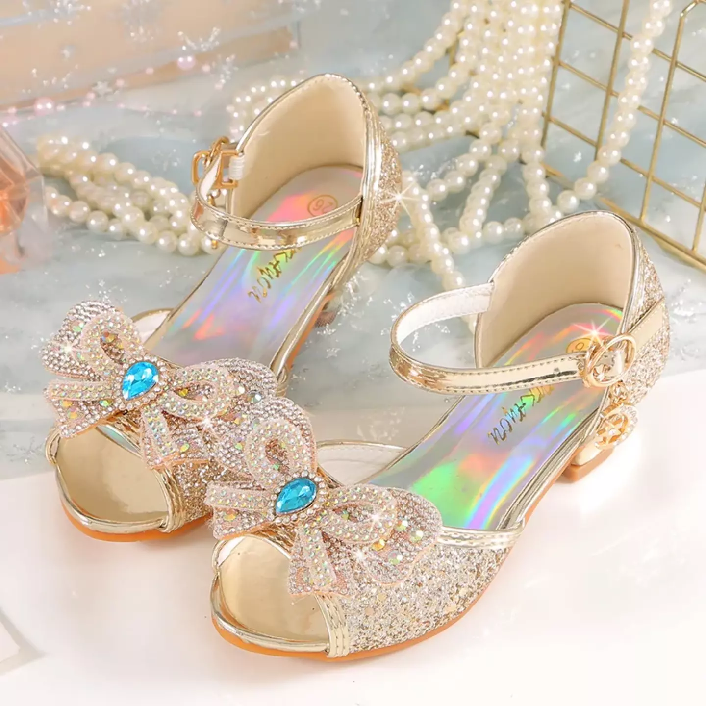 Young Girls & Girls Gold Teardrop Gem Bow Peep Toe Block Heels | Lucys 11394