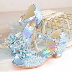 Young Girls & Girls Light Blue Teardrop Gem Bow Peep Toe Block Heels | Lucys 11390