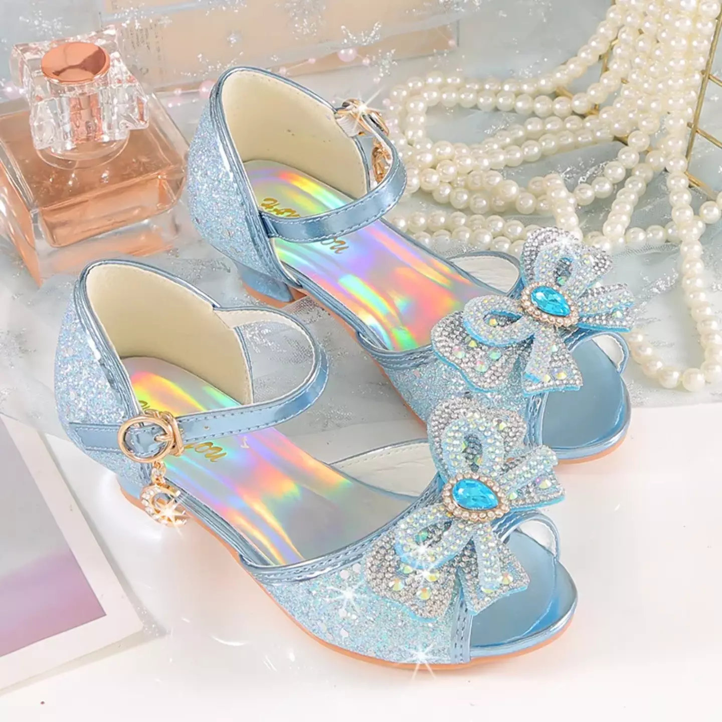 Young Girls & Girls Light Blue Teardrop Gem Bow Peep Toe Block Heels | Lucys 11390