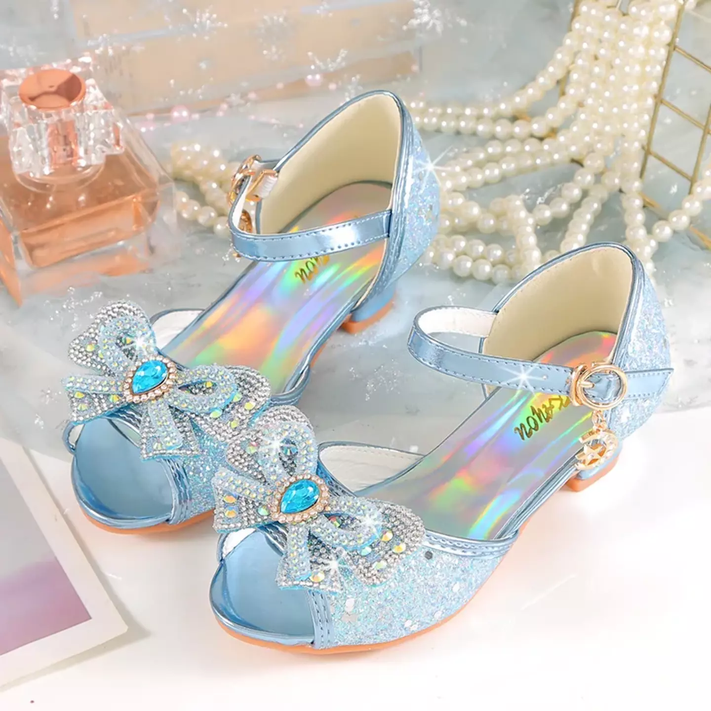 Young Girls & Girls Light Blue Teardrop Gem Bow Peep Toe Block Heels | Lucys 11390