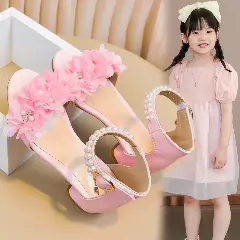 Young Girls & Girls Pink Ruffled Bloom Pearl Strap Block Heel Sandals | Lucys 11411