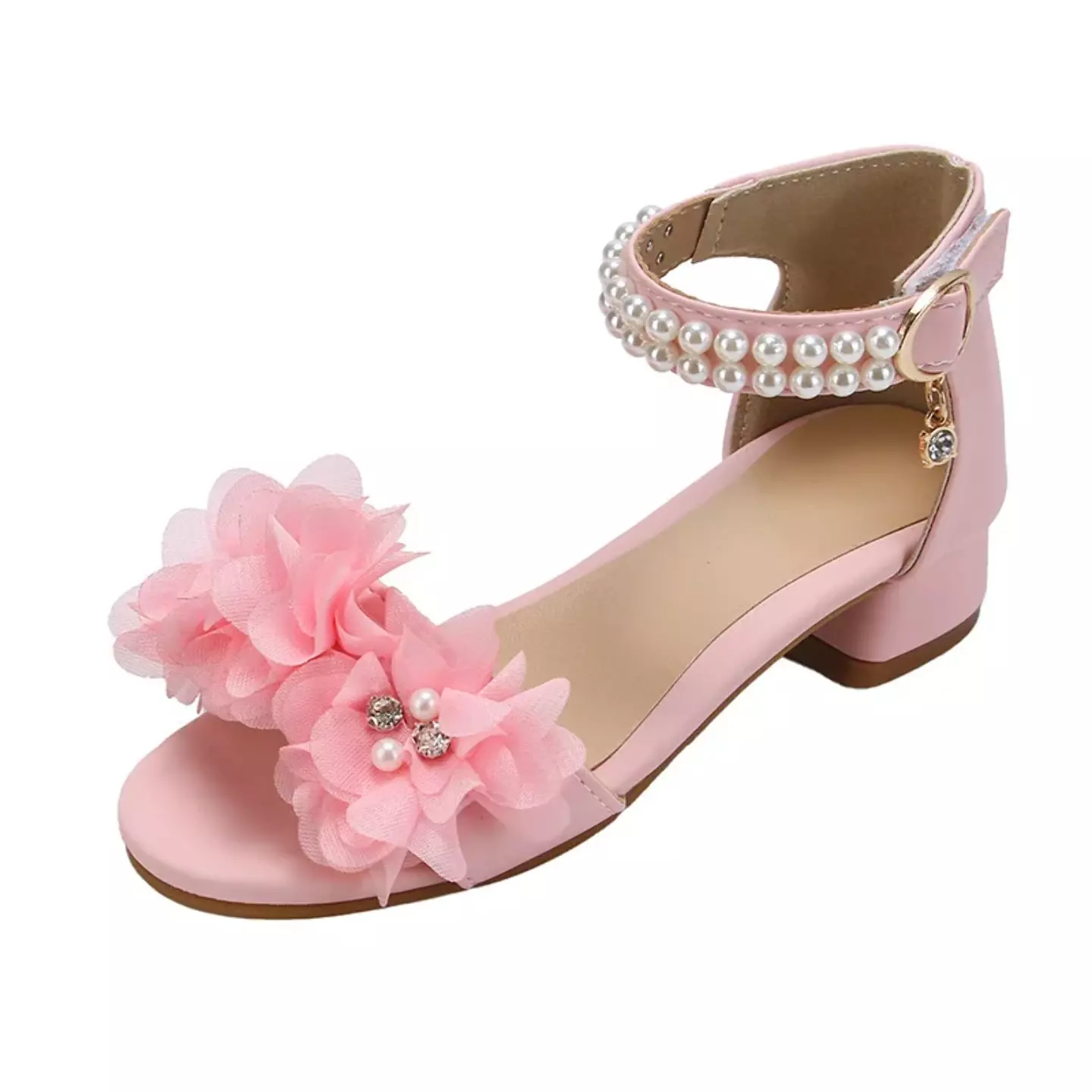 Young Girls & Girls Pink Ruffled Bloom Pearl Strap Block Heel Sandals | Lucys 11411