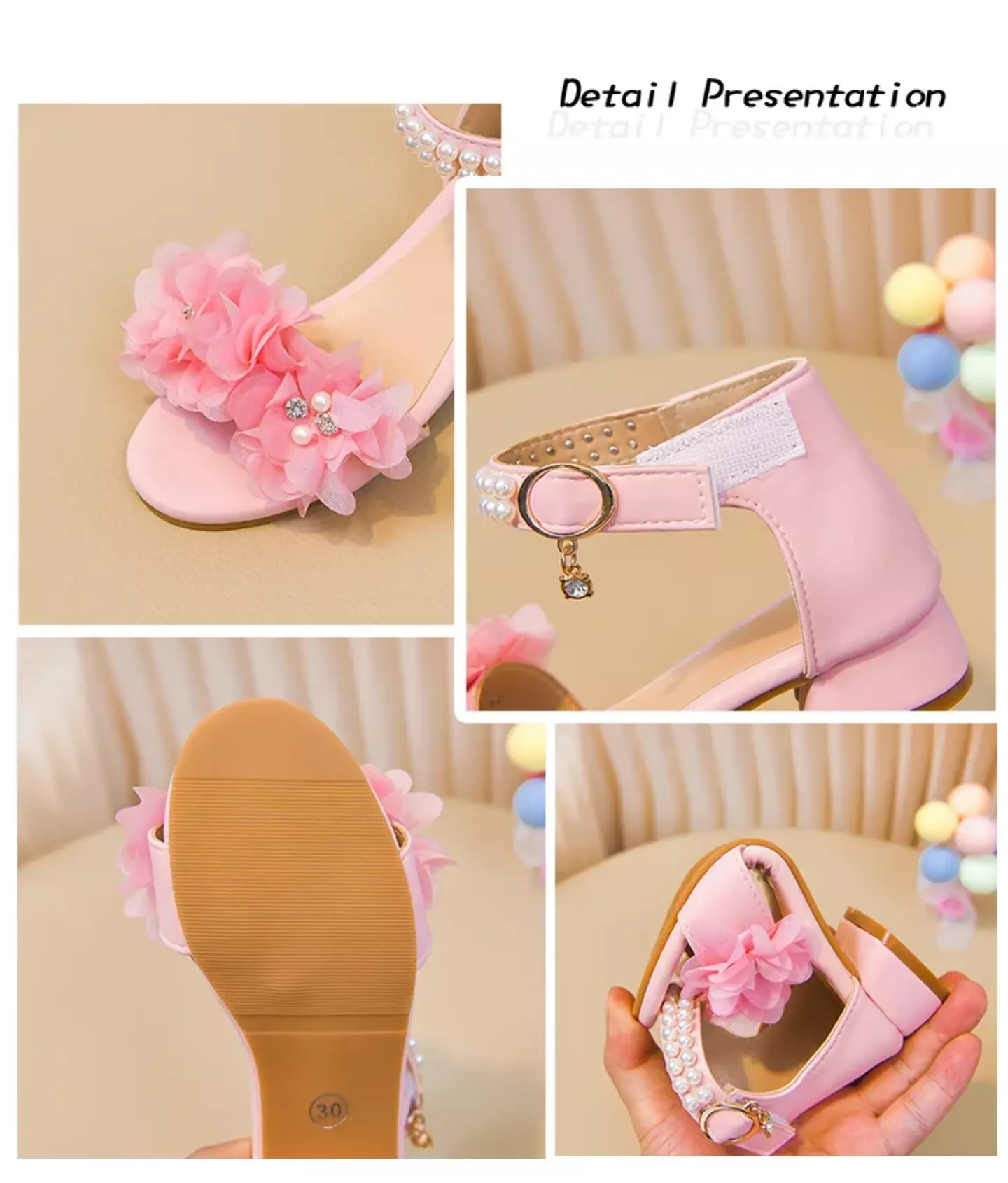Young Girls & Girls Pink Ruffled Bloom Pearl Strap Block Heel Sandals | Lucys 11411