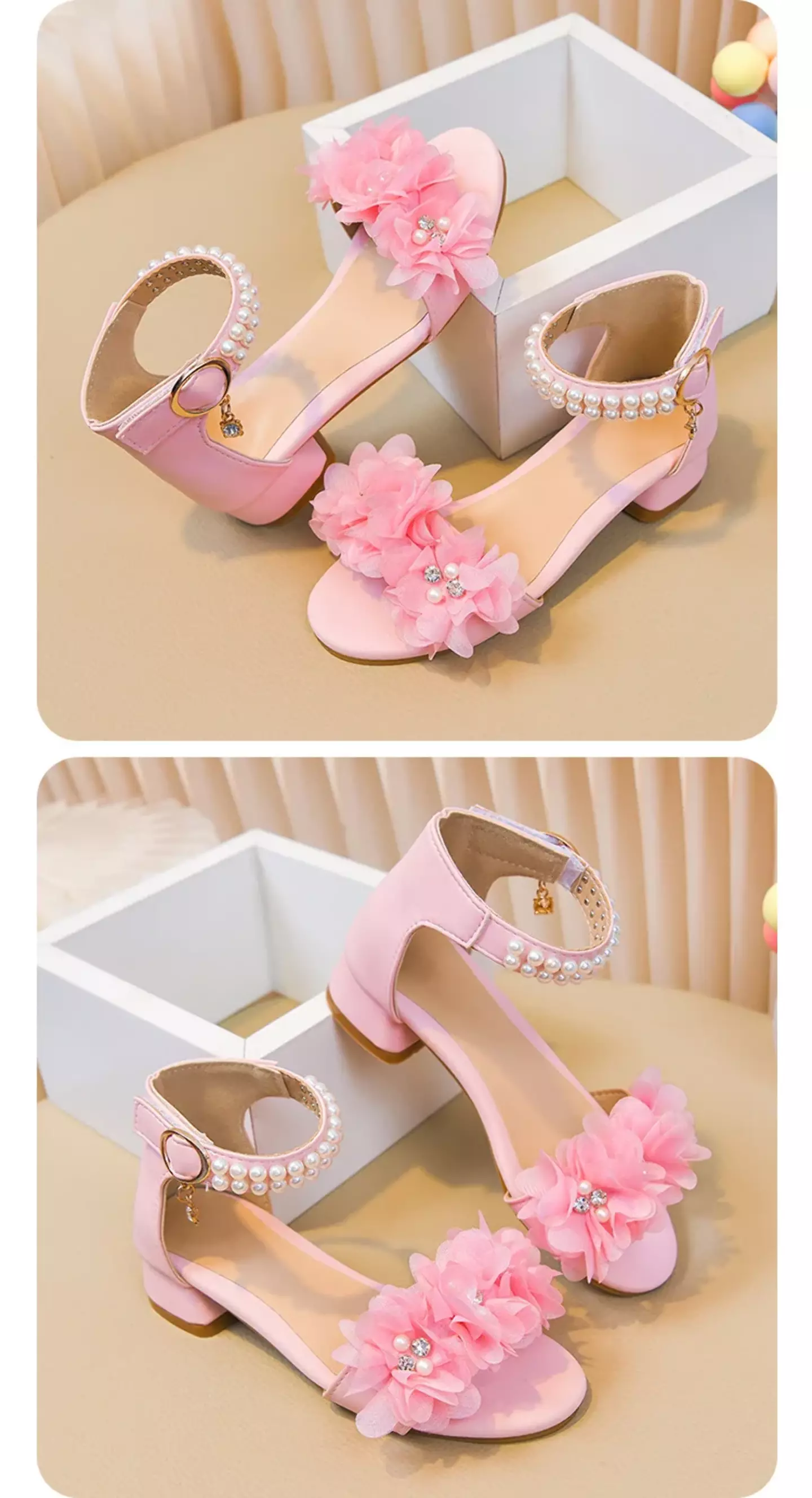 Young Girls & Girls Pink Ruffled Bloom Pearl Strap Block Heel Sandals | Lucys 11411