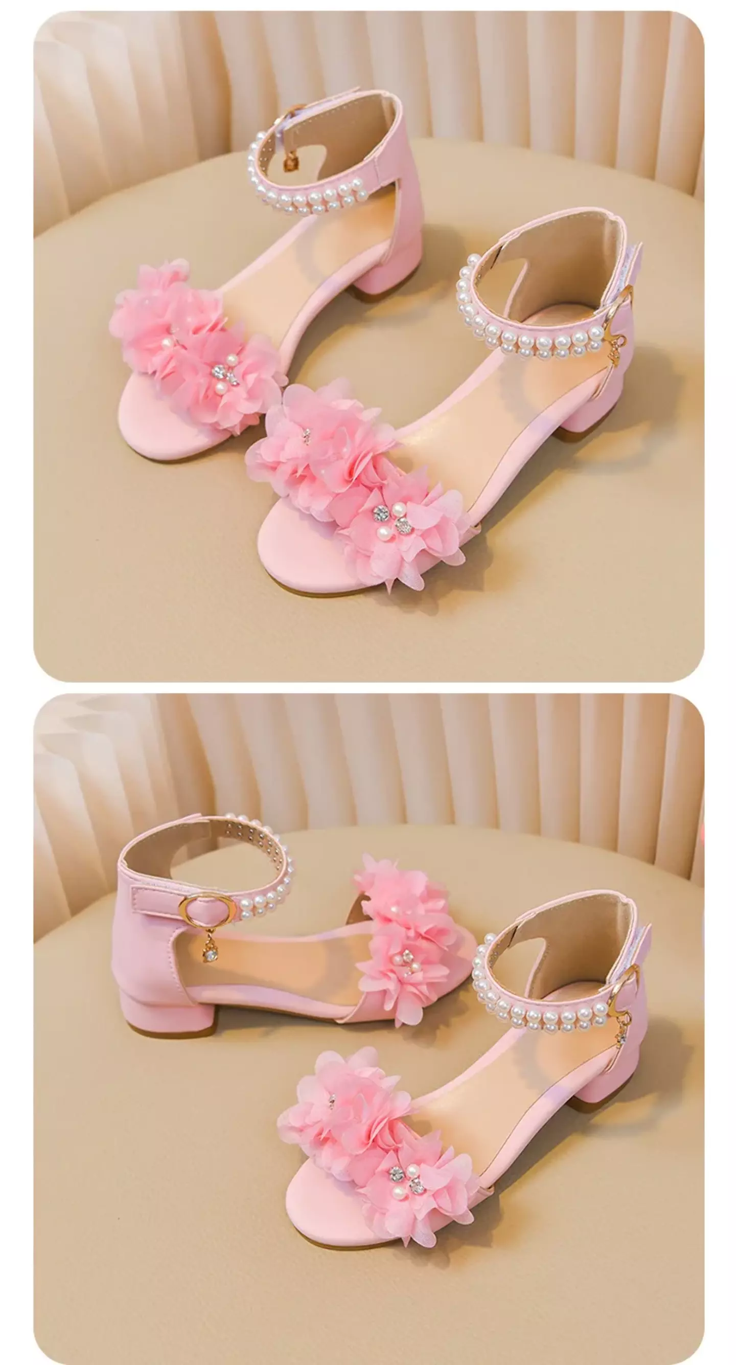 Young Girls & Girls Pink Ruffled Bloom Pearl Strap Block Heel Sandals | Lucys 11411