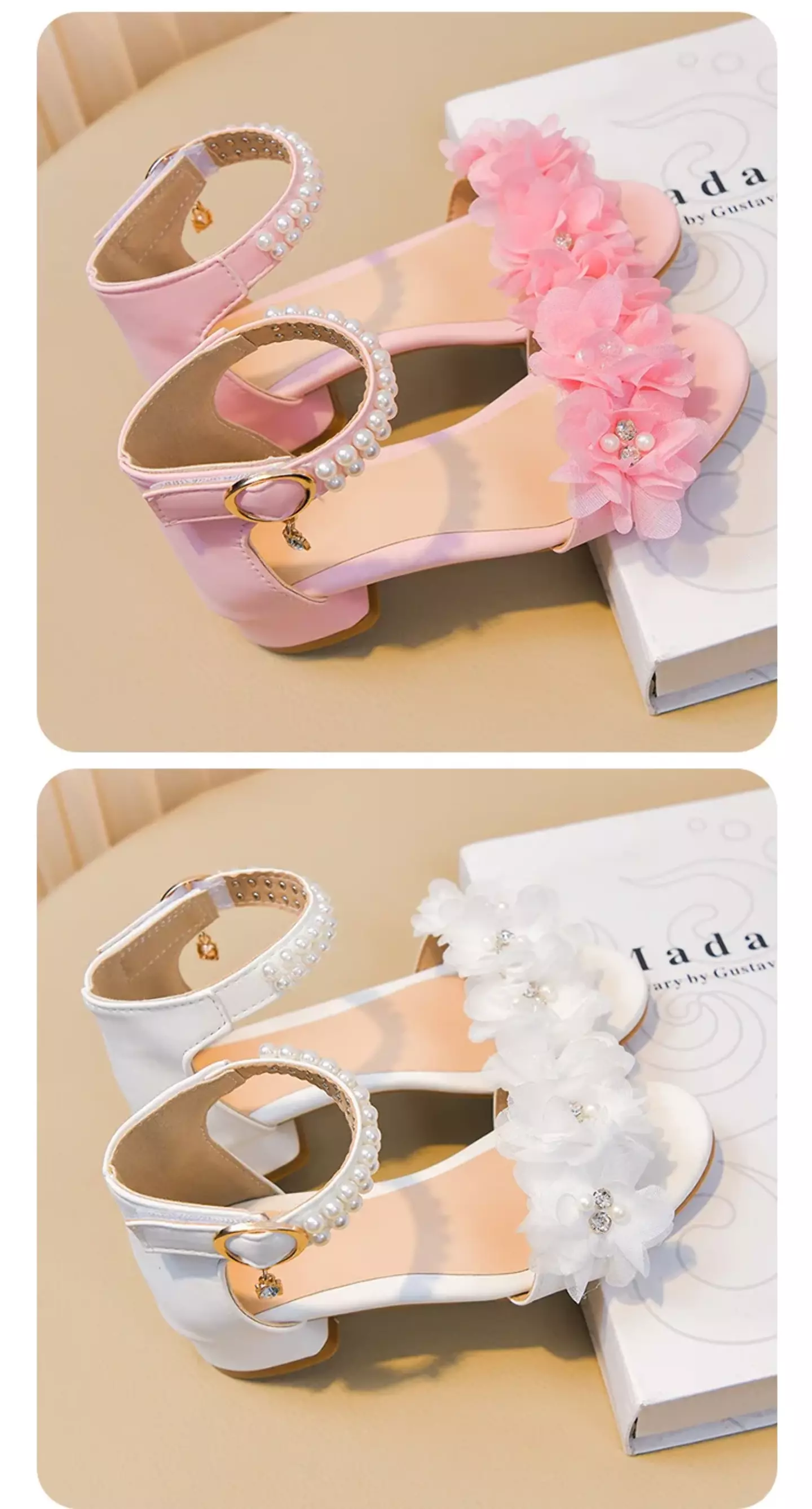 Young Girls & Girls Pink Ruffled Bloom Pearl Strap Block Heel Sandals | Lucys 11411