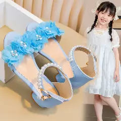 Young Girls & Girls Blue Ruffled Bloom Pearl Strap Block Heel Sandals | Lucys 11412