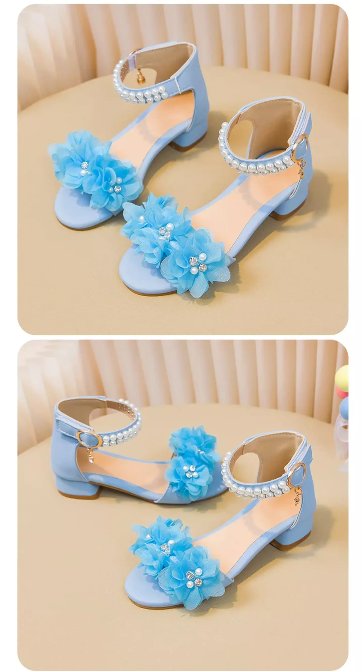 Young Girls & Girls Blue Ruffled Bloom Pearl Strap Block Heel Sandals | Lucys 11412
