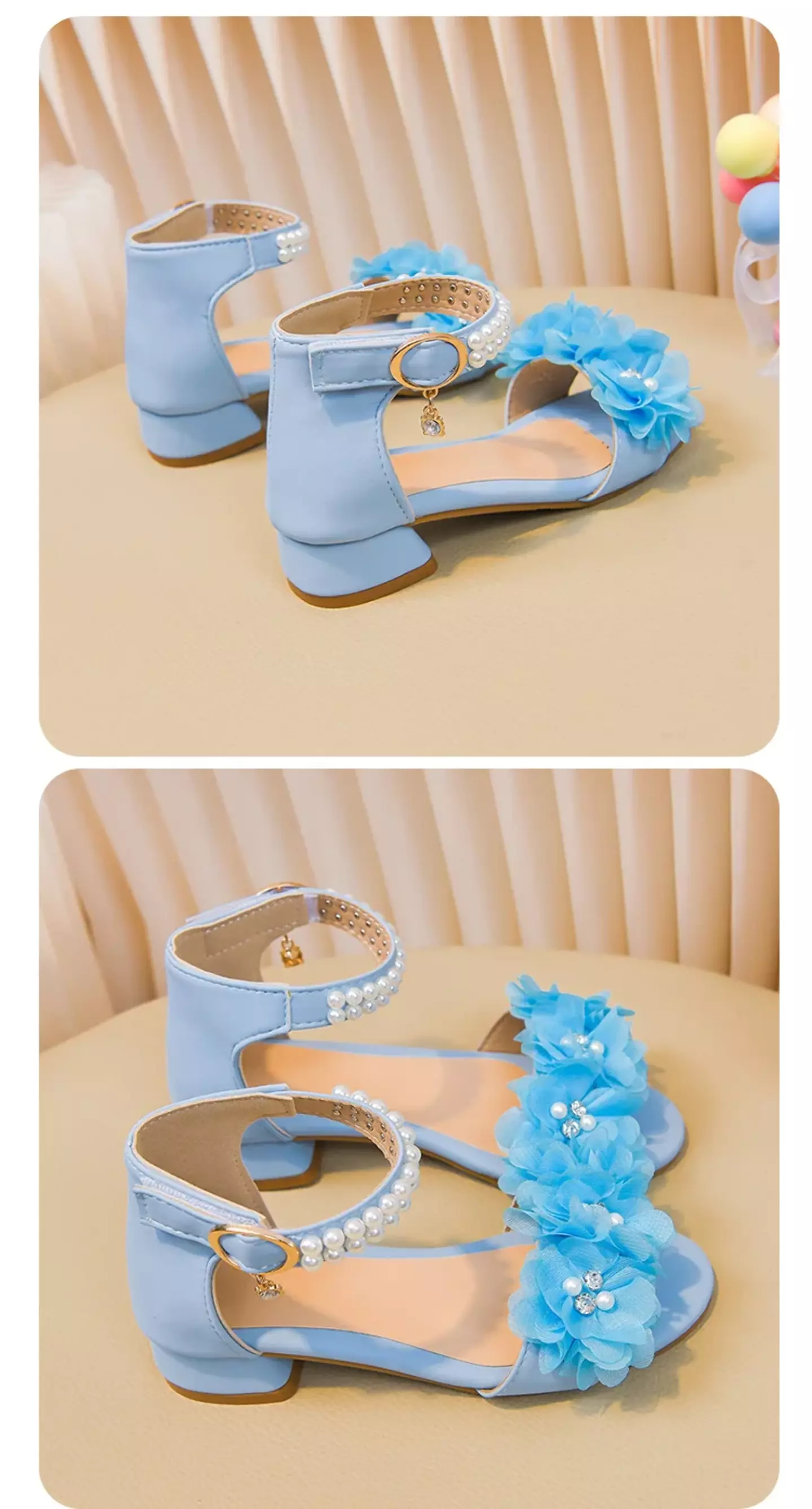 Young Girls & Girls Blue Ruffled Bloom Pearl Strap Block Heel Sandals | Lucys 11412