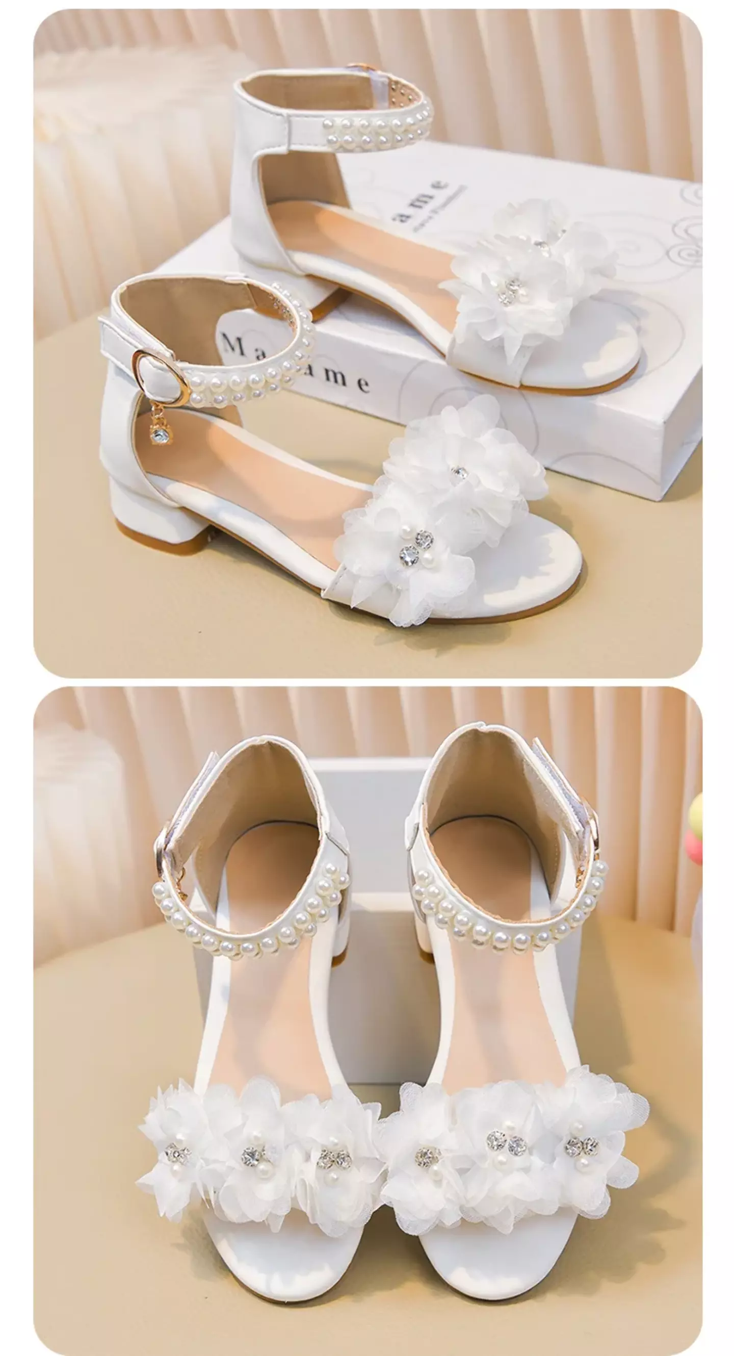 Young Girls & Girls White Ruffled Bloom Pearl Strap Block Heel Sandals | Lucys 11410
