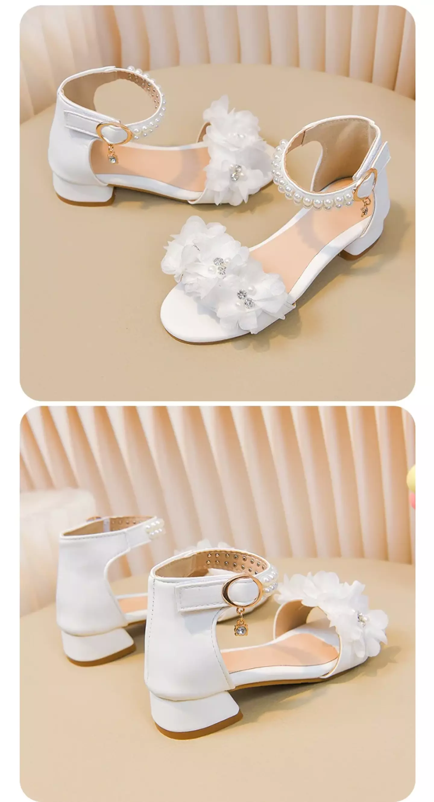 Young Girls & Girls White Ruffled Bloom Pearl Strap Block Heel Sandals | Lucys 11410