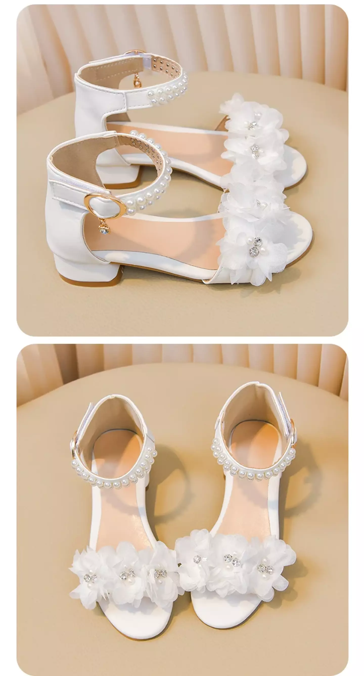 Young Girls & Girls White Ruffled Bloom Pearl Strap Block Heel Sandals | Lucys 11410