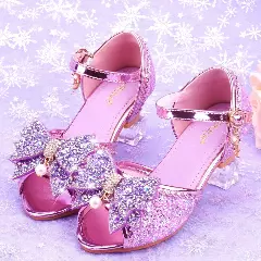 Young Girls & Girls Purple Mirror Toe Pearl Bow Clear Heel Shoes | Lucys 11425