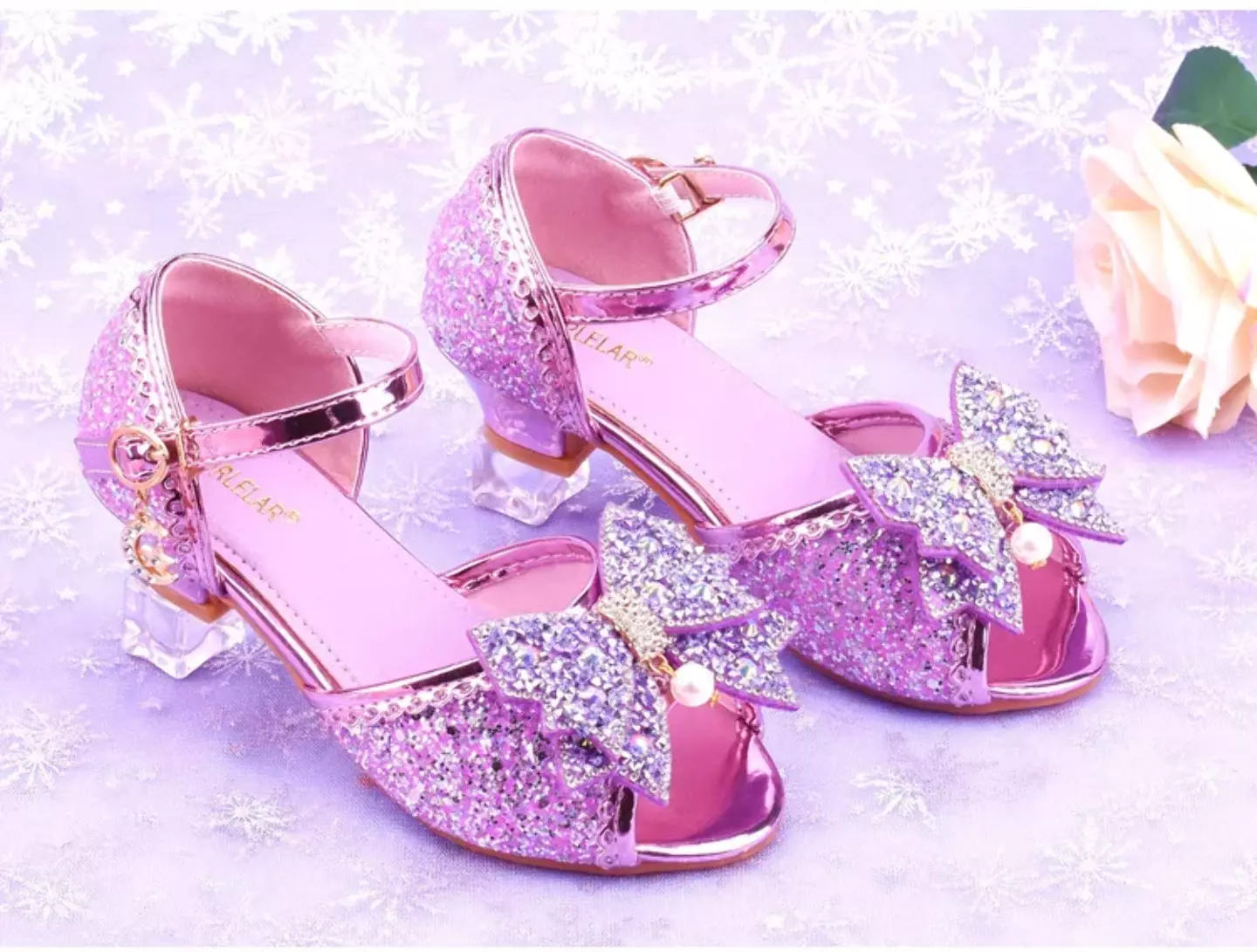 Young Girls & Girls Purple Mirror Toe Pearl Bow Clear Heel Shoes | Lucys 11425