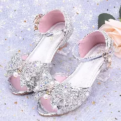 Young Girls & Girls Silver Mirror Toe Pearl Bow Clear Heel Shoes | Lucys 11424
