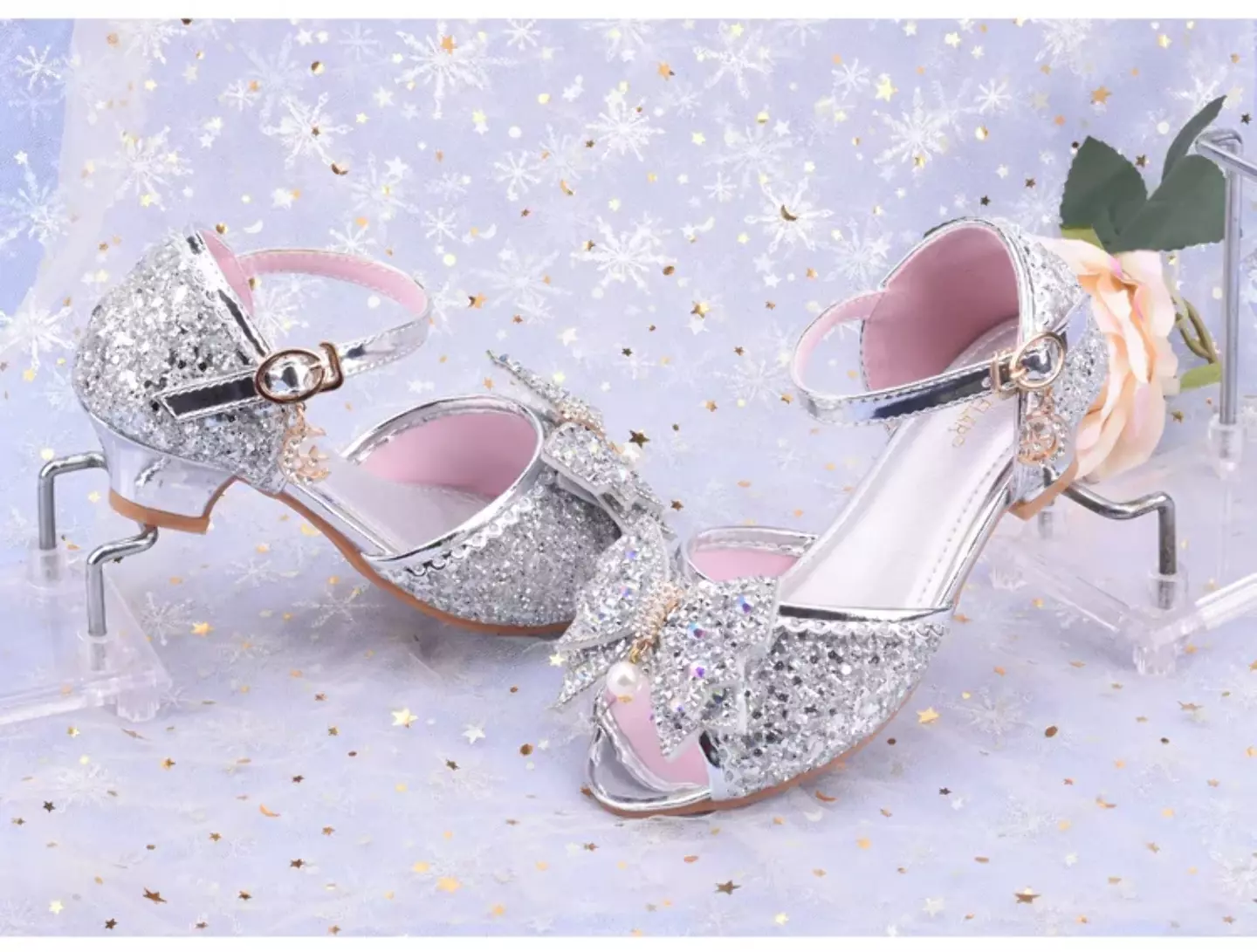 Young Girls & Girls Silver Mirror Toe Pearl Bow Clear Heel Shoes | Lucys 11424
