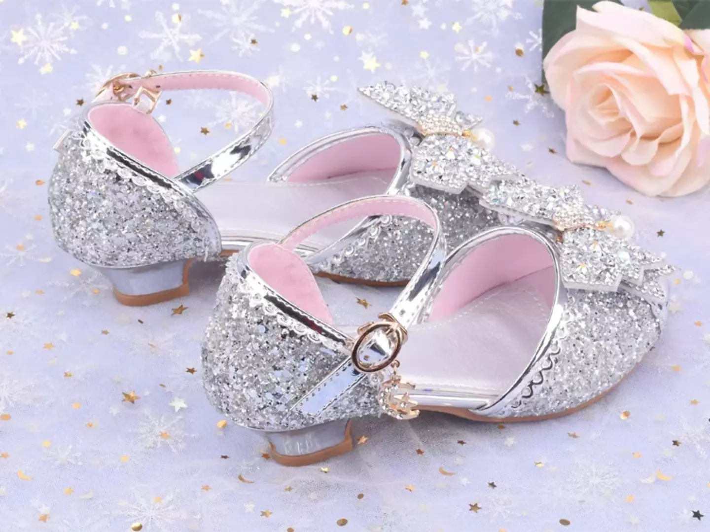 Young Girls & Girls Silver Mirror Toe Pearl Bow Clear Heel Shoes | Lucys 11424
