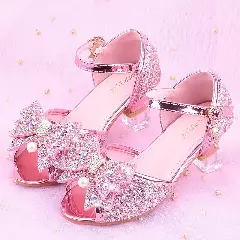 Young Girls & Girls Pink Mirror Toe Pearl Bow Clear Heel Shoes | Lucys 11423