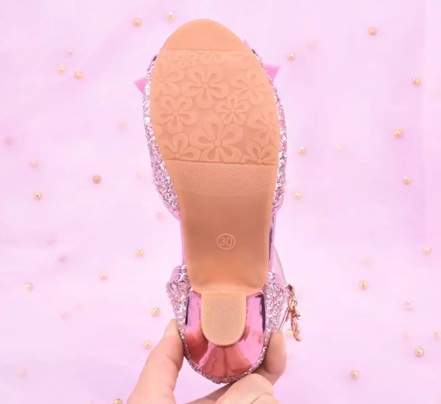 Young Girls & Girls Pink Mirror Toe Pearl Bow Clear Heel Shoes | Lucys 11423