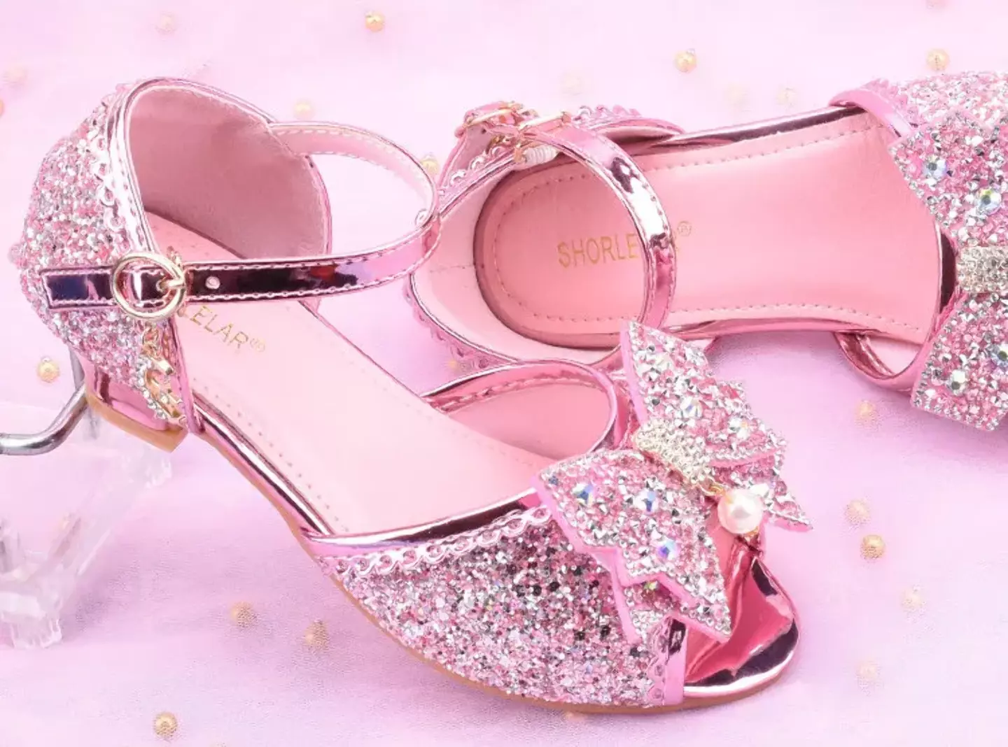 Young Girls & Girls Pink Mirror Toe Pearl Bow Clear Heel Shoes | Lucys 11423
