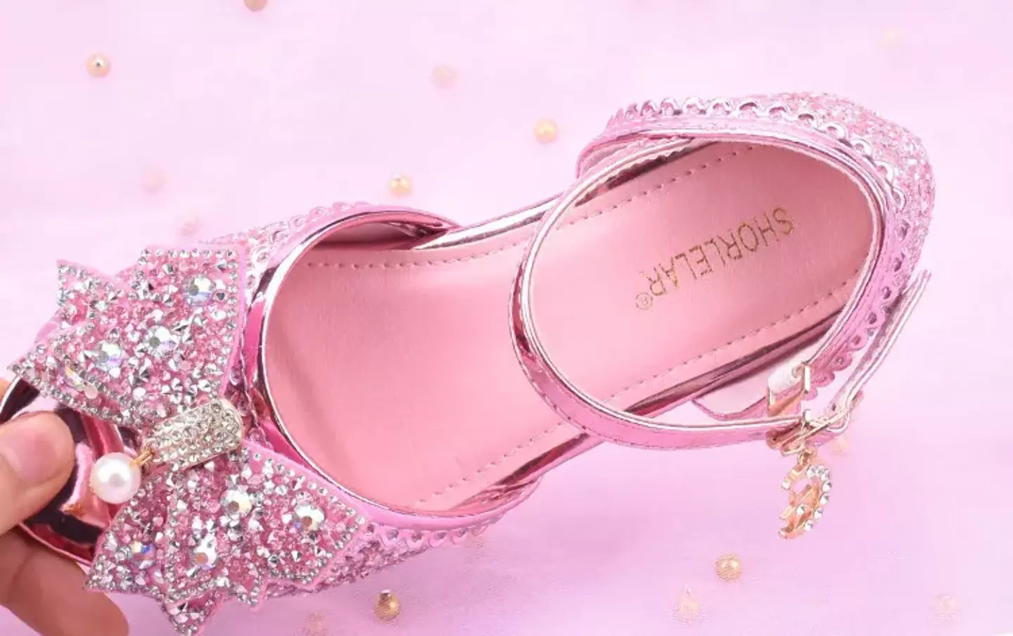 Young Girls & Girls Pink Mirror Toe Pearl Bow Clear Heel Shoes | Lucys 11423