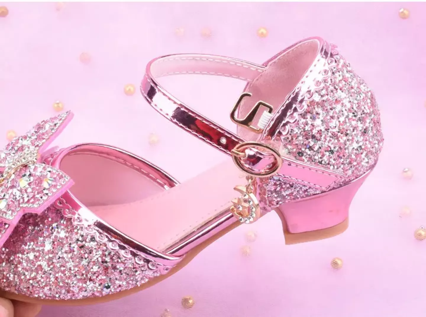 Young Girls & Girls Pink Mirror Toe Pearl Bow Clear Heel Shoes | Lucys 11423