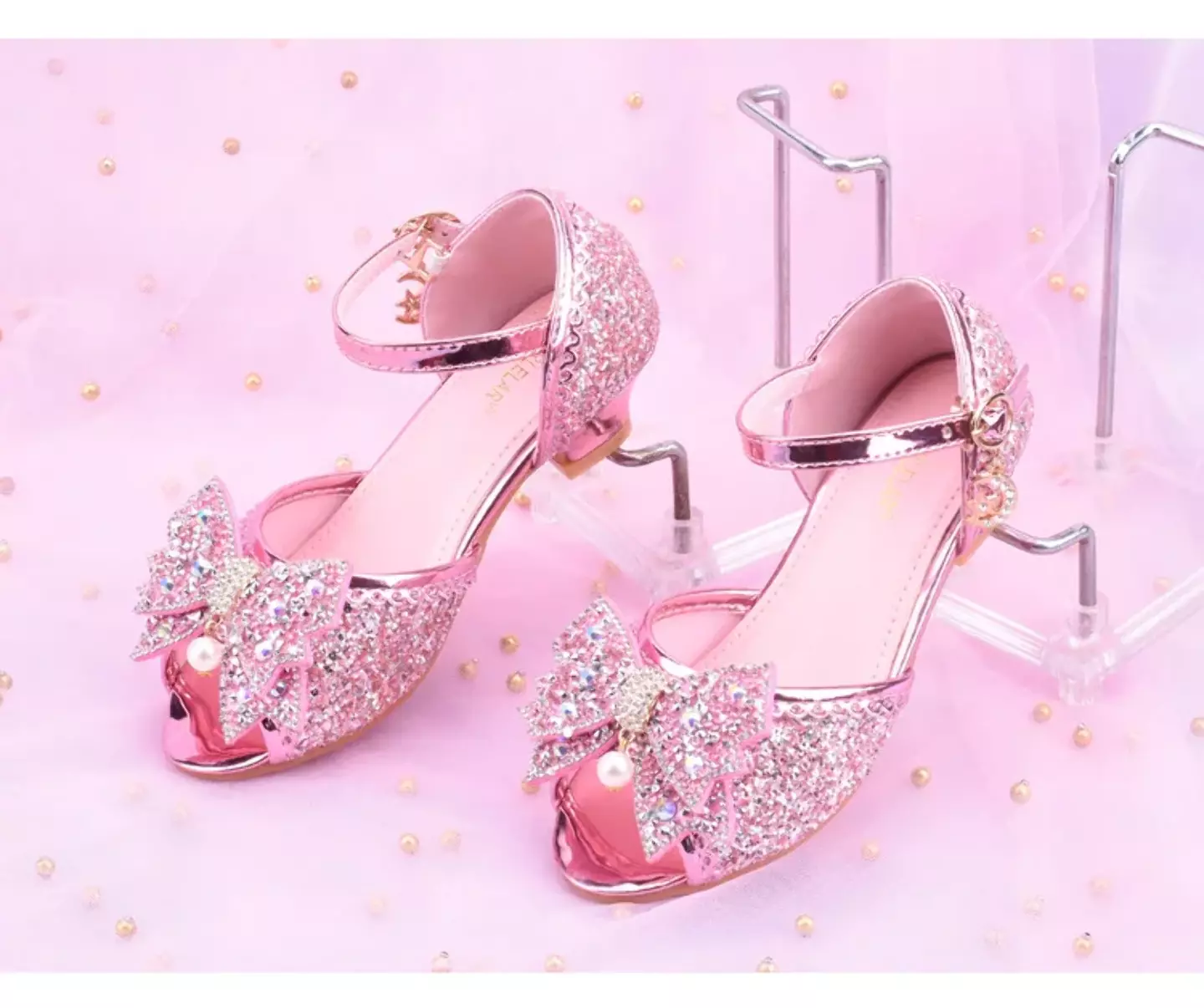 Young Girls & Girls Pink Mirror Toe Pearl Bow Clear Heel Shoes | Lucys 11423