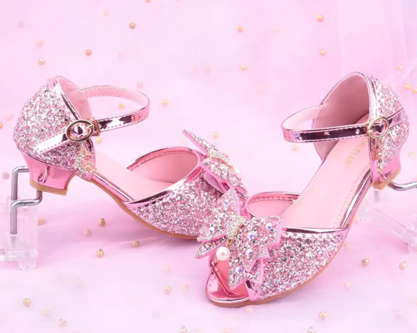 Young Girls & Girls Pink Mirror Toe Pearl Bow Clear Heel Shoes | Lucys 11423