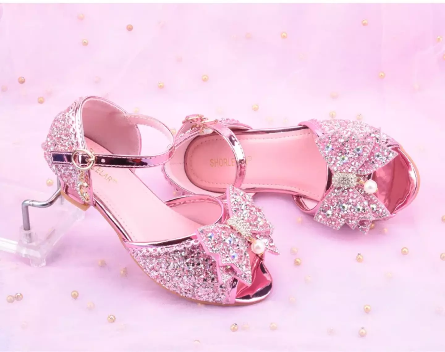 Young Girls & Girls Pink Mirror Toe Pearl Bow Clear Heel Shoes | Lucys 11423